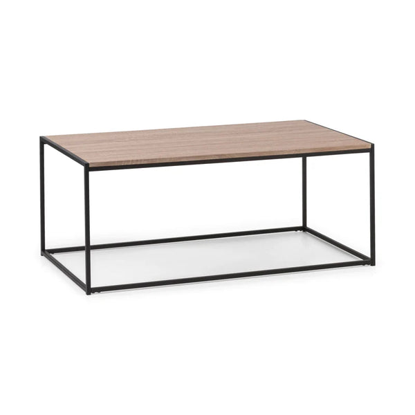 Coffee table with wooden top and black metal frame on a white background