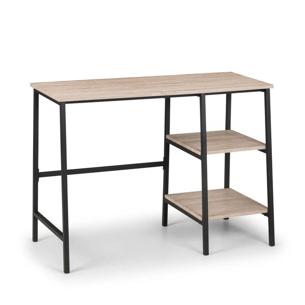Wooden desk with metal frame on a white background