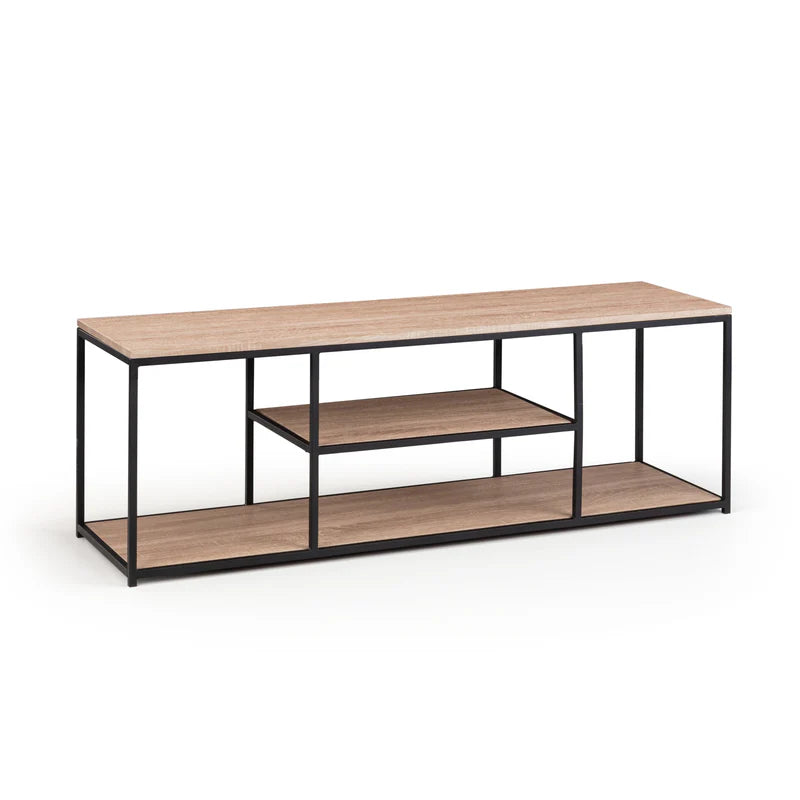 Wooden console table with black metal frame on a white background