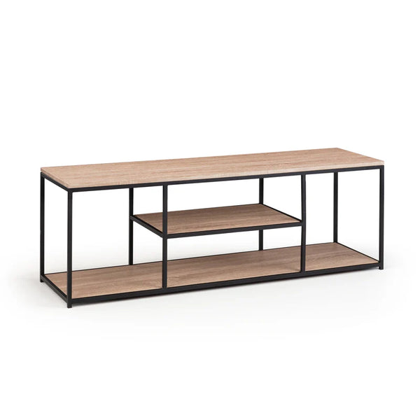 Wooden console table with black metal frame on a white background
