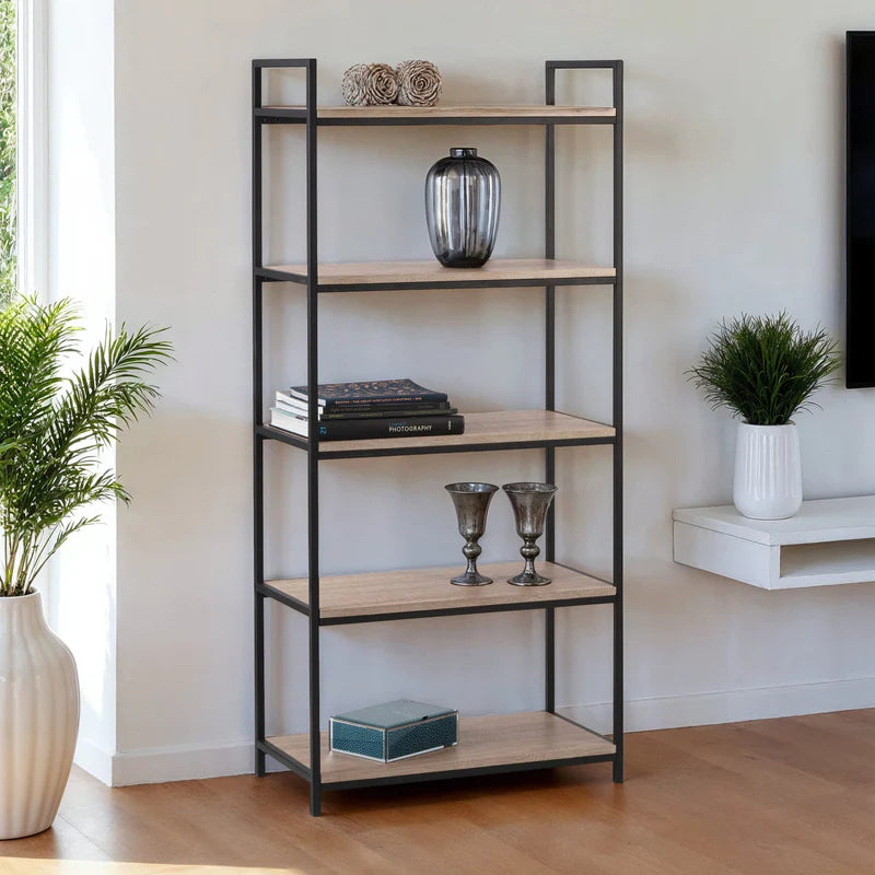 Bookshelf with five wooden shelves and black metal frame on a white background