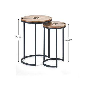 Two round side tables with dimensions labeled on a white background