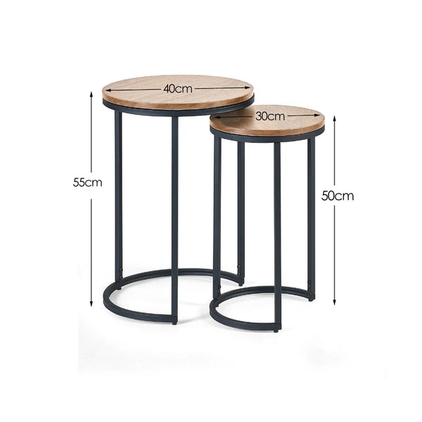 Two round side tables with dimensions labeled on a white background