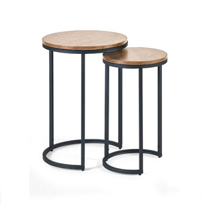 Set of two round side tables with wooden tops and black metal frames on a white background