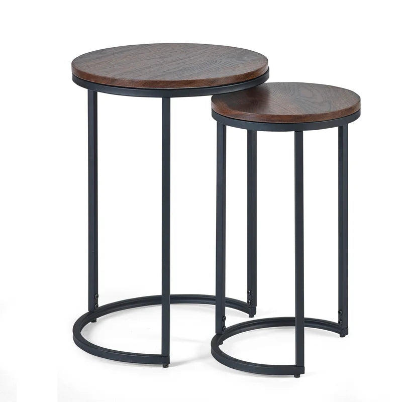 Two round side tables with wooden tops and black metal frames on a white background