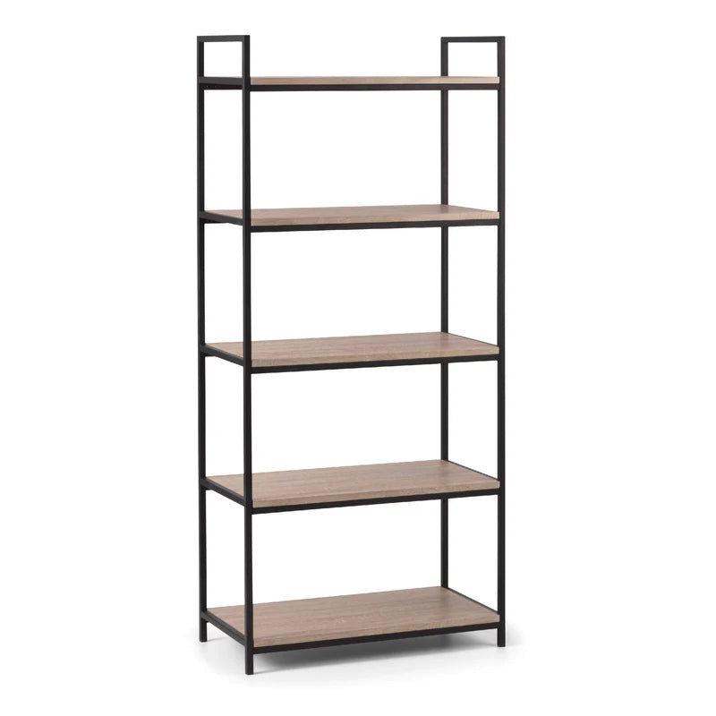 Bookshelf with five wooden shelves and black metal frame on a white background