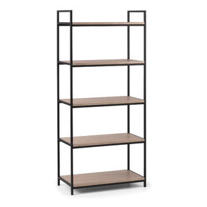 Bookshelf with five wooden shelves and black metal frame on a white background
