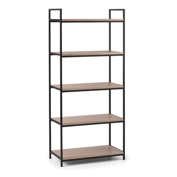 Bookshelf with five wooden shelves and black metal frame on a white background