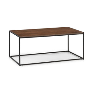 Coffee table with wooden top and metal frame on a white background