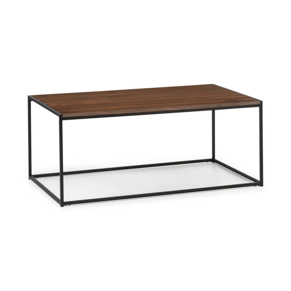 Coffee table with wooden top and metal frame on a white background