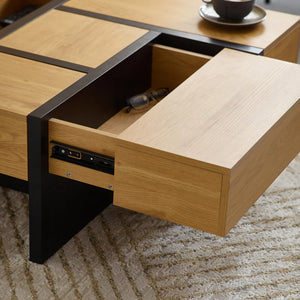 Wooden coffee table with an open drawer on a carpeted floor