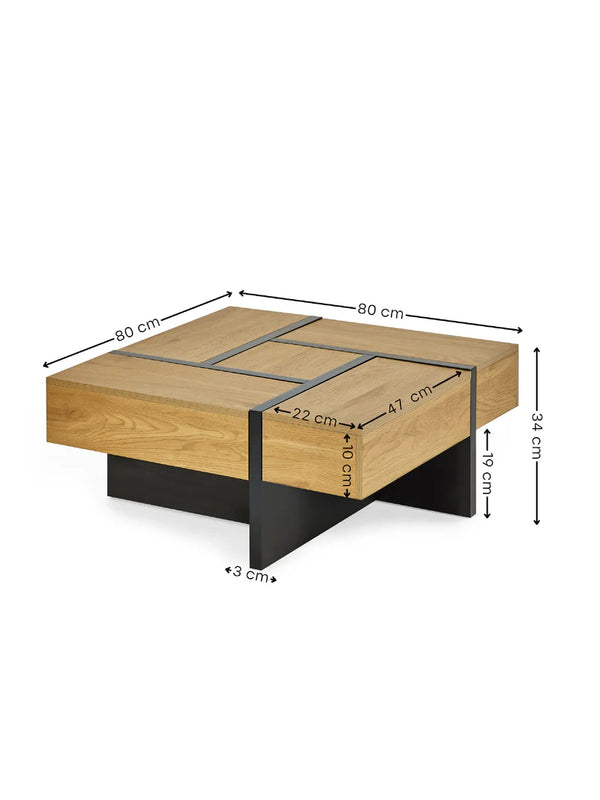 Wooden coffee table with dimensions labeled on a white background