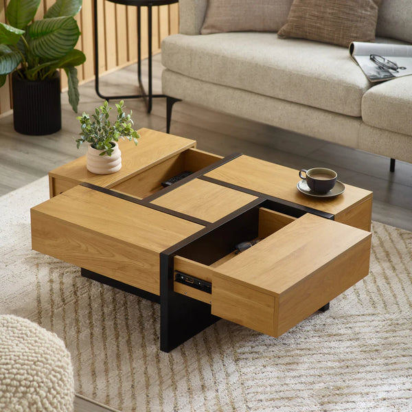 Wooden coffee table with storage compartments in a living room setting