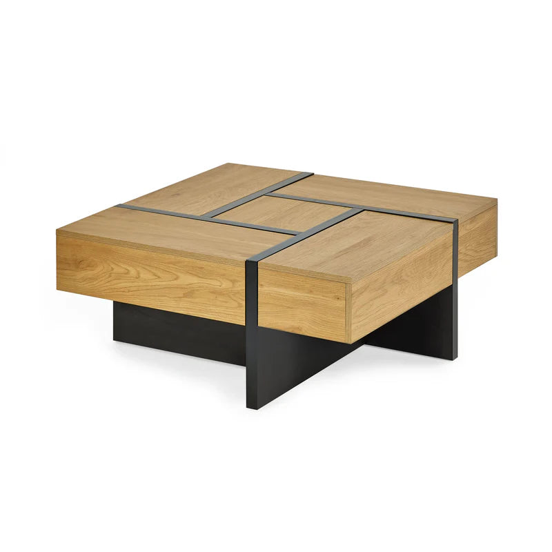 Wooden coffee table with black metal legs on a white background