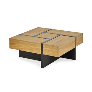 Wooden coffee table with black metal legs on a white background