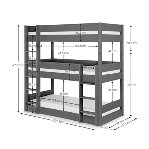 Gray bunk bed with dimensions labeled on a white background