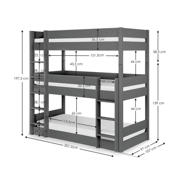 Gray bunk bed with dimensions labeled on a white background