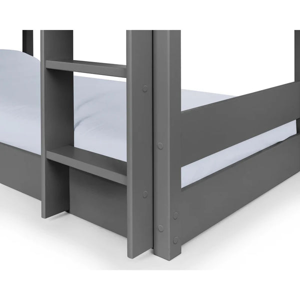 Gray bunk bed with white mattress on a white background