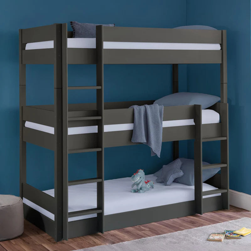 Gray bunk bed with blue bedding on a white background