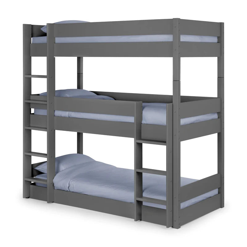 Gray bunk bed with blue bedding on a white background