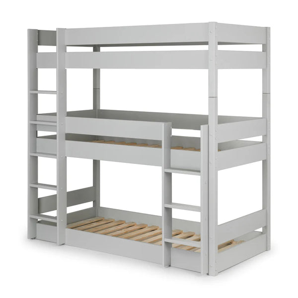 White loft bed with wooden slats on a white background