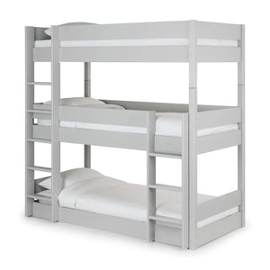 Gray bunk bed with white mattresses on a white background