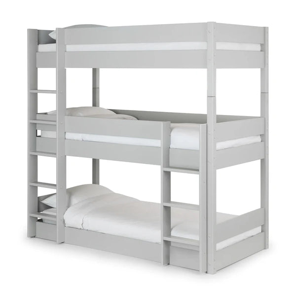 Gray bunk bed with white mattresses on a white background
