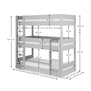 White bunk bed with dimensions labeled on a white background
