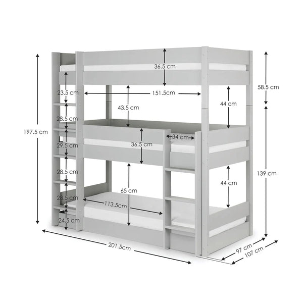 White bunk bed with dimensions labeled on a white background