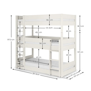 Tulsa_white_triple_bunkbed dimensions white background