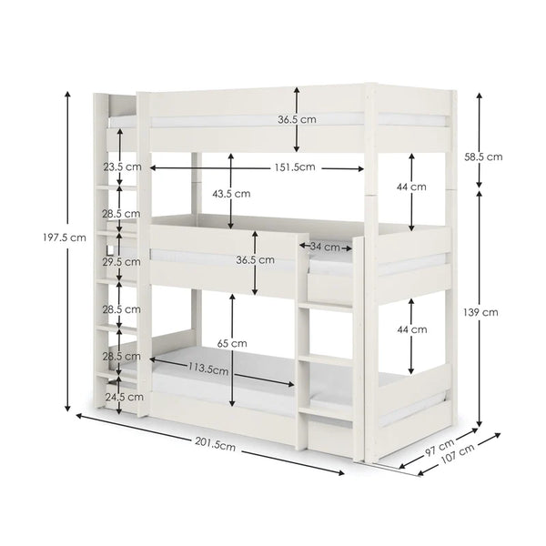 Tulsa_white_triple_bunkbed dimensions white background