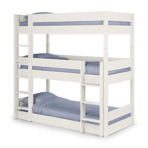 White bunk bed with blue mattresses on a white background