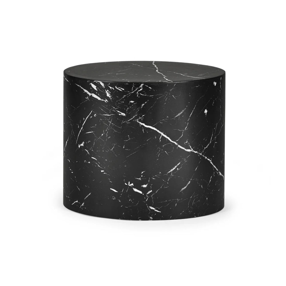 Black marble cylindrical side table on a white background