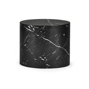Black marble cylindrical side table on a white background