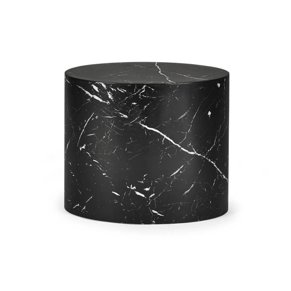 Black marble cylindrical side table on a white background