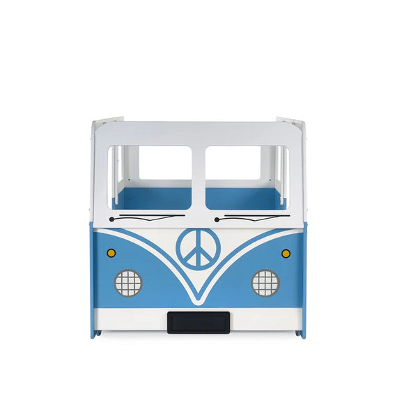 Blue and white bus-shaped children's bed with peace symbol on a white background