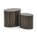 Two cylindrical wooden side tables on a white background
