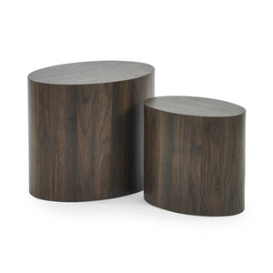 Two cylindrical wooden side tables on a white background