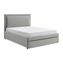 Gray upholstered bed with white mattress on a white background