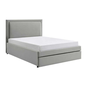 Gray upholstered bed with white mattress on a white background