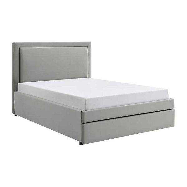 Gray upholstered bed with white mattress on a white background