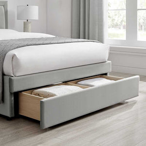 Una taupe bed frame drawer detail roomshot