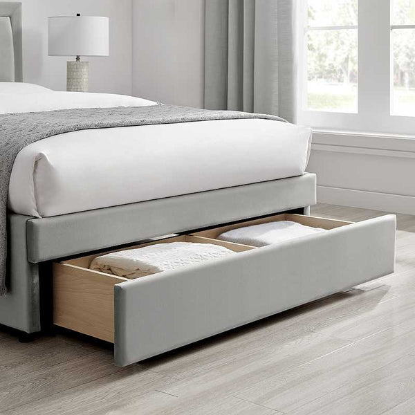 Una taupe bed frame drawer detail roomshot