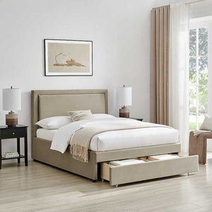 Beige upholstered bed with storage drawers in a bedroom setting.