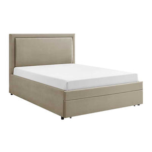 Beige upholstered bed with white mattress on a white background