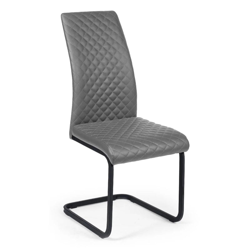 Gray quilted chair with black metal legs on a white background