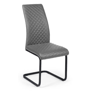 Gray quilted chair with black metal legs on a white background