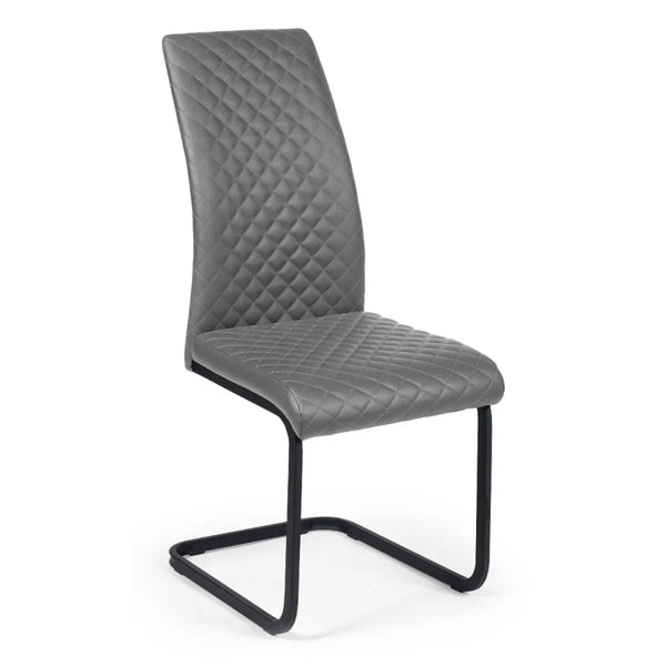 Gray quilted chair with black metal legs on a white background