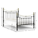Wrought iron bed with dimensions labeled on a white background