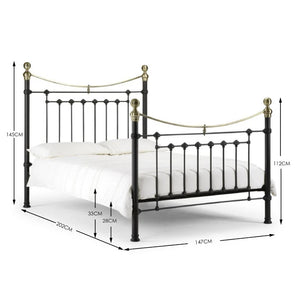Wrought iron bed with dimensions labeled on a white background